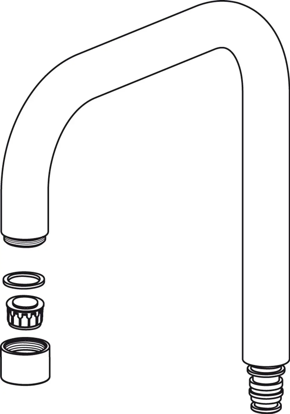 Rohrauslauf-Set von Ideal Standard, bestehend aus einem gebogenen Rohr und mehreren Dichtungen zur Befestigung und Abdichtung an einem Wasseranschluss.